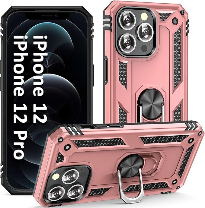 i Phone 12 Pro Case, for iPhone 12 Pro and iPhone 12 Case,with Kickstand Ring,Adjustable Stand,Military Grade,Heavy Duty Protection,Shockproof,Anti-Fingerprint,Support Magnet Car Mount,Rose Gold