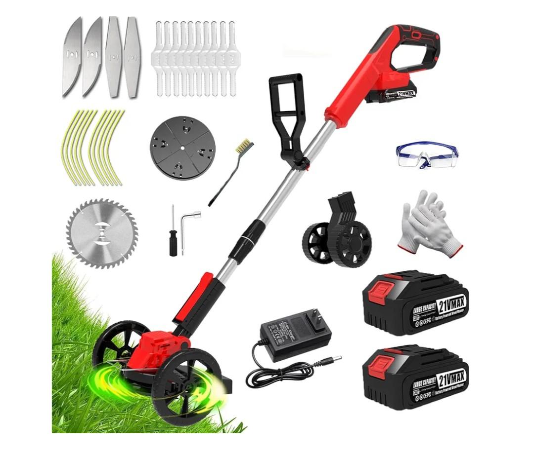 Electric Weed Wacker Eater Battery Powered, Cordless Weed Trimmer with 21V Battery Operated & Charger & 5 Types Blades, No-String Brush Cutter/Lawn Edger/Grass Trimmer for Garden Yard