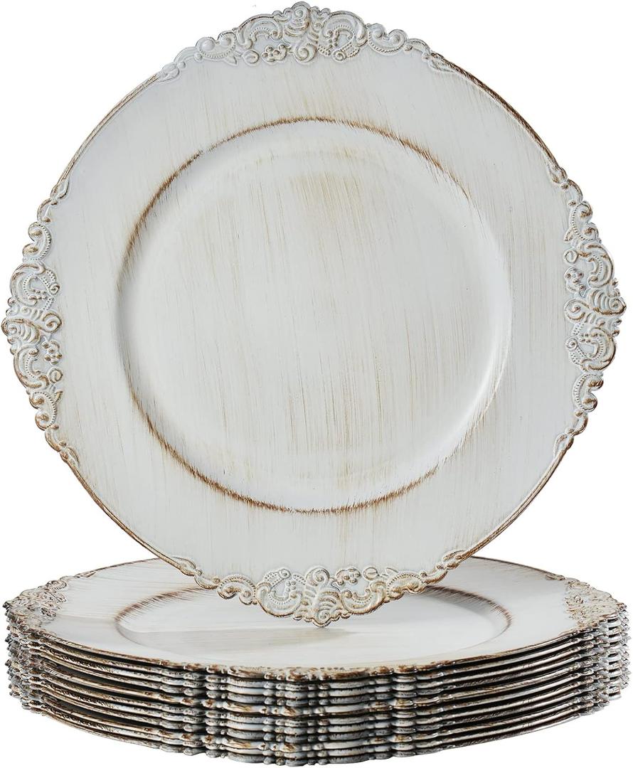 MAONAME Antique White Charger Plates, Round Plate Chargers for Dinner Plate, 13" Plastic Charger for Plates, Wedding Table Setting, Set of 12