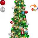 Dual Color Switch&Timer 5 Ft Gold Pop Up Christmas Tree with 50 Warm White&Color Lights 8 Modes, Tinsel Pencil Collapsible Xmas Tree, Easy Assembly, Balls 3D Star Sequins, Home Party Apartment Decor