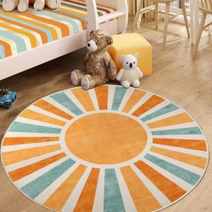 Boho Classroom Rug 4Ft, Round Washable Accent Rug for Kids Colorful Sun Rainbow Throw Carpet for Living Room Cute Soft Thin Non-Slip Low Pile Circle Rug for Nursery Bedroom Playroom (4' Diameter, Sun-2)