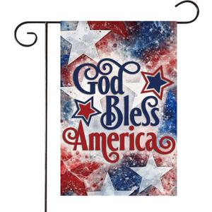 Patriotic 4th of July Garden Flag 12x18 Inch Double Sided Burlap Outside God Bless America Memorial Day Flags Red and Blue Stars Small Yard Outdoor Decoration