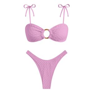 ZAFUL Women's Bandeau Bikini Tie Shoulder O Ring Cheeky Swimsuit (Pink, XL)