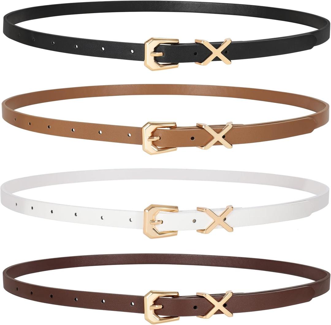 JASGOOD Women Skinny Leather Belt for Pants Jeans Ladies Thin Waist Belt for Dress (Suit for waist size 27"-31", A-black+brown+white+coffee)