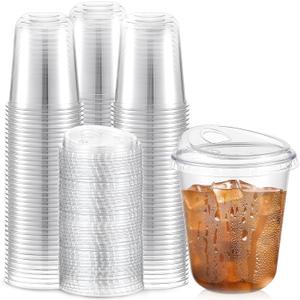 Baderke 100 Pcs Plastic Cups with Sip Lids Round Bottom Disposable Plastic Coffee Cups with Lids Clear Strawless Crystal Mugs for Iced Coffee Smoothie Cold Beverage Party Catering Supplies (14 oz)