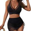 Blooming Jelly Womens Swim Skirt High Waisted Bikini Sets Tummy Control Swimsuits Mesh Sarong Wraps Bathing Suits M Black