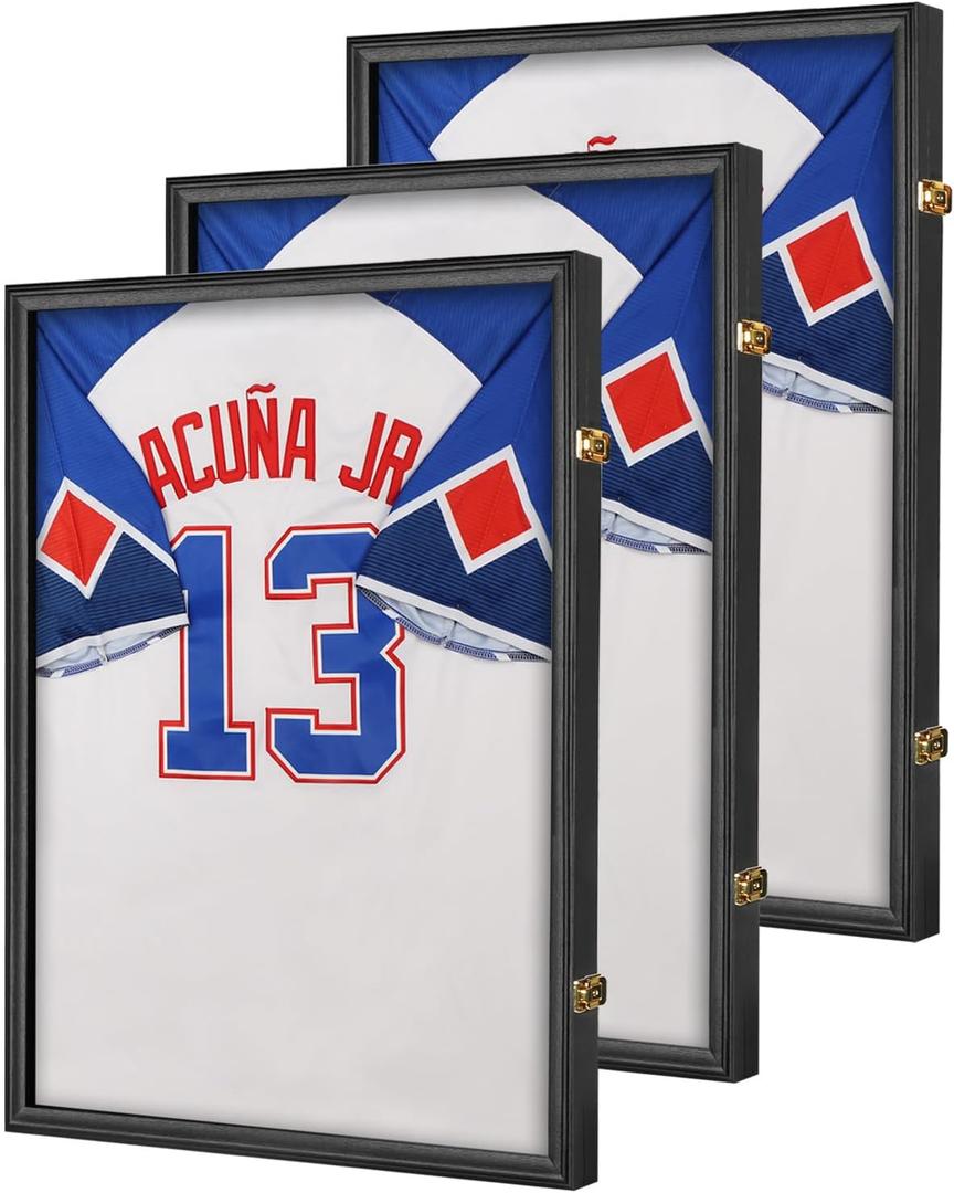 Jersey Frame Display Case 3 Pack- Large Sports Jersey Display Case, Wall Mount Lockable Flat Jersey Shadow Box with UV Protection for Football, Baseball, Basketball, Hockey, Soccer, Black