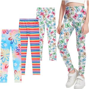 TXJ Sports 3-Pack Leggings for Girls Fashing Printing Girls Leggings Soft Kids Pants Ankle Length in 3t to 11 Years (9-10 Years, Colorful Flowers/Rainbow Strips/Colorful Butterfly)
