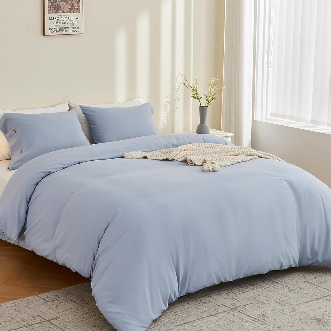 MILDLY Duvet Cover King Size, 3 Pieces Washed Cotton Blue Duvet Cover, Linen Like Textured Breathable King Bedding Set with Zipper Closure (No Comforter) (King(104"90"))