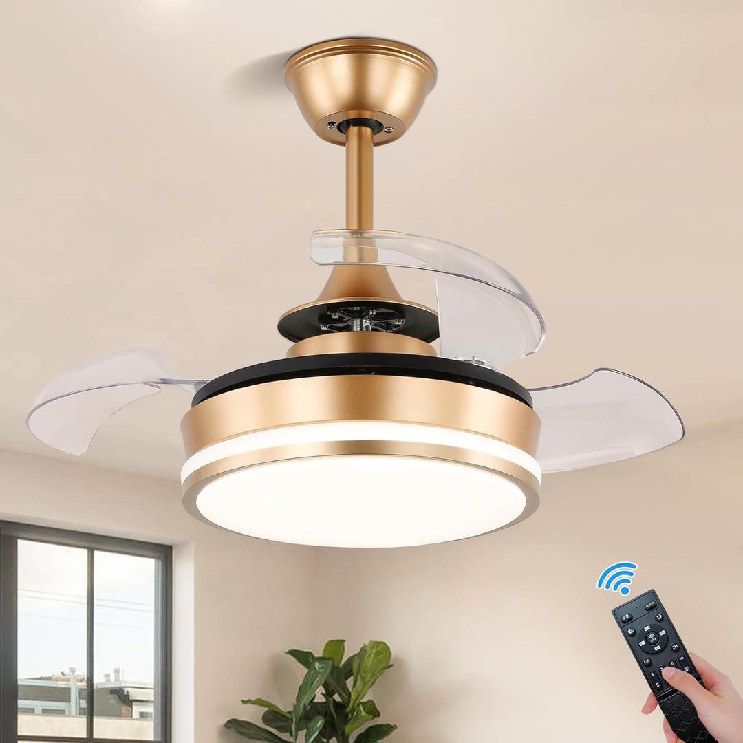 Small Gold Chandelier Ceiling Fan 22'' With Lights - Dimmable Semi Flush Mount, Low Decibel 6 Speeds, LED Fandelier Retractable Blades for Small Spaces, Kid Rooms Small Gold Chandelier Ceiling Fan 22'' With Lights - Dimmable Semi Flush Mount, Low Decibel 6 Speeds, LED Fandelier Retractable Blades for Small Spaces, Kid Rooms
