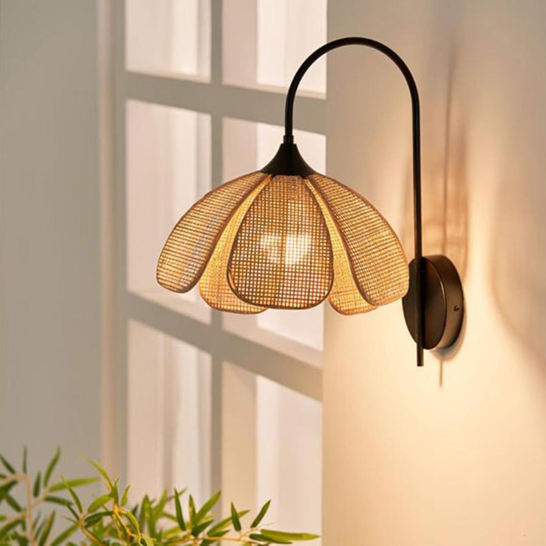 Bofea-Boho Rattan Wall Sconce Black Hard-Wired Wall Lamp,Handmade Creative Rattan Flower Petal Sconces,Farmhouse Living Room Indoor Lighting,Vintage Black Lighting for Bedroom Hallway