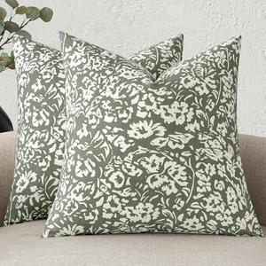 MIULEE Floral Pillow Covers 20x20 Set of 2, Neutral Linen Decorative Throw Pillow Covers for Sofa Couch Outdoor Summer Living Room, Farmhouse Cushion Covers, Sage Green