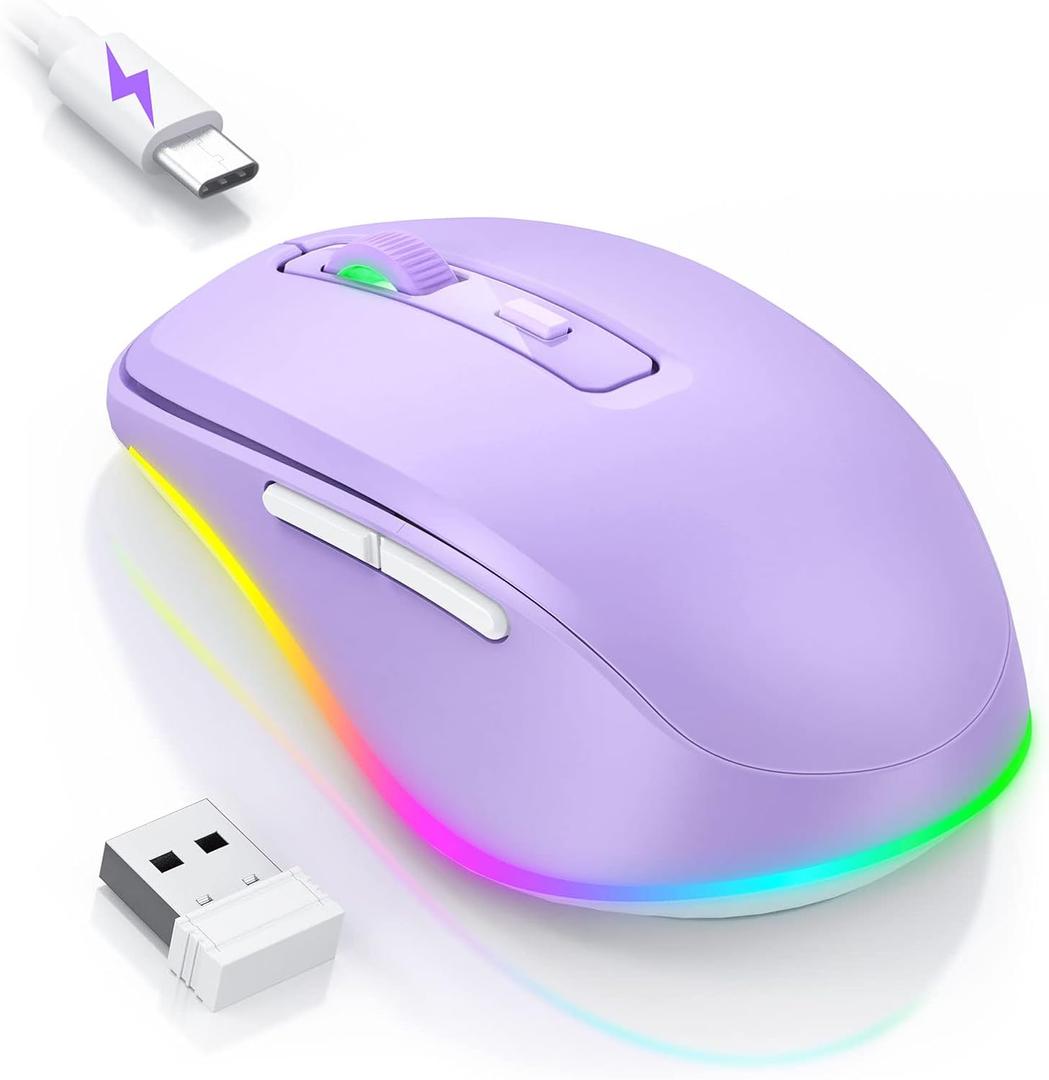 PEIOUS Wireless Mouse Jiggler - LED Wireless Mice with Build-in Mouse Mover, Rechargeable Moving Mouse for Laptop with Undetectable Random Movement Keeps Computers Awake - Purple