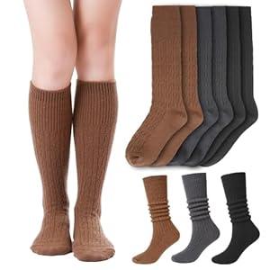 SISOSOCK 3 Pairs Winter Knee High Socks for Women Soft Warm Cable Knit Slouch Socks Fashion Accessories (Dark /Dark Grey /Brown)