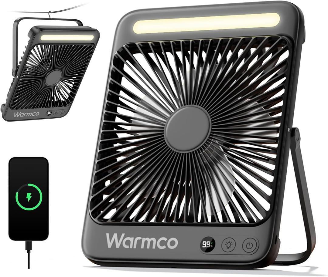 Warmco 20000mAh Battery Powered Fan, Ultra-Slim 8-Inch Portable Camping Fan with Light, Up to 48H Runtime Rechargeable Desk Fan for Bedroom, Outdoor, Tent, Travel, Cruise Ship Essentials (Black)