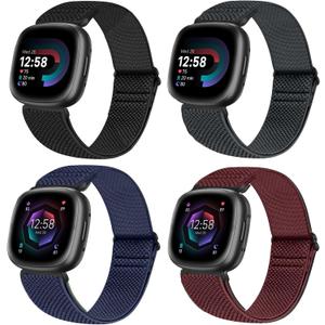Vodtian 4 Pack Elastic Bands Compatible for Fitbit Versa 4/3 / Sense 2, Adjustable Nylon Stretchy Replacement Sport Loop Straps for Women Men