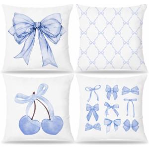 Blue Coquette Bow Pillow Covers 18x18, Coquette Room Decor,Bow Room Decor，Girly Bedroom Decor, Coquette Stuff, Set of 4
