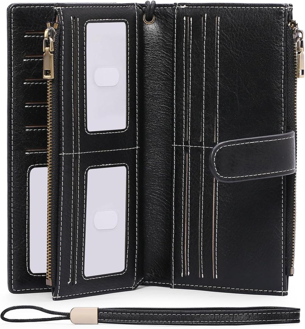 GOIACII Womens Wallets Large Capacity Credit Card Holder Rfid Wallet Women Double Zipper Pocket Leather Bifold Ladies Wristlet Clutch Wallet (A03-Black)