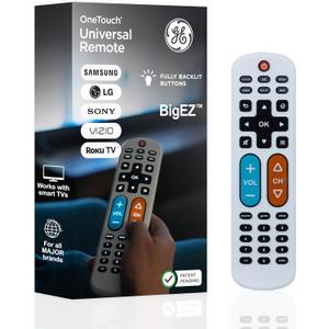 GE BigEZ OneTouch Big Button Universal TV Remote for Seniors, Easy to Use, Replacement Remote for Samsung, LG, Sony, Vizio, Roku TV, Streaming Players, Backlit Buttons, 2 Device, White, 84666