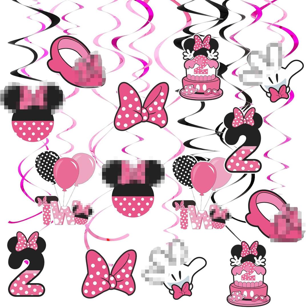 Pink 2nd Birthday Hanging Swirl Decorations,Mouse Birthday Party Ceiling Streamers,Pink Mouse Theme Party Supplies,Party Favors for Girls Kids(38 Pcs)