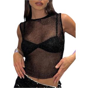 MakeMeChic Women's Crochet Sheer Tank Cover Up Crew Neck Sleeveless Knit Going Out Crop Tops (L)