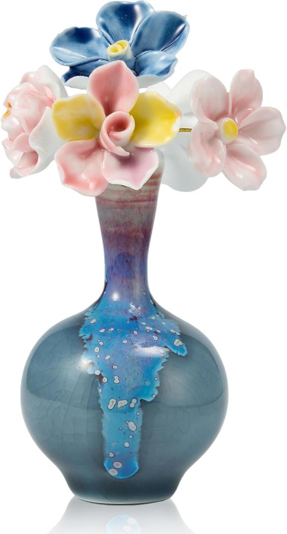 Small Ceramic Lake Blue Long-Neck Wide-Mouth Pottery Vase with Five Ceramic Flowers