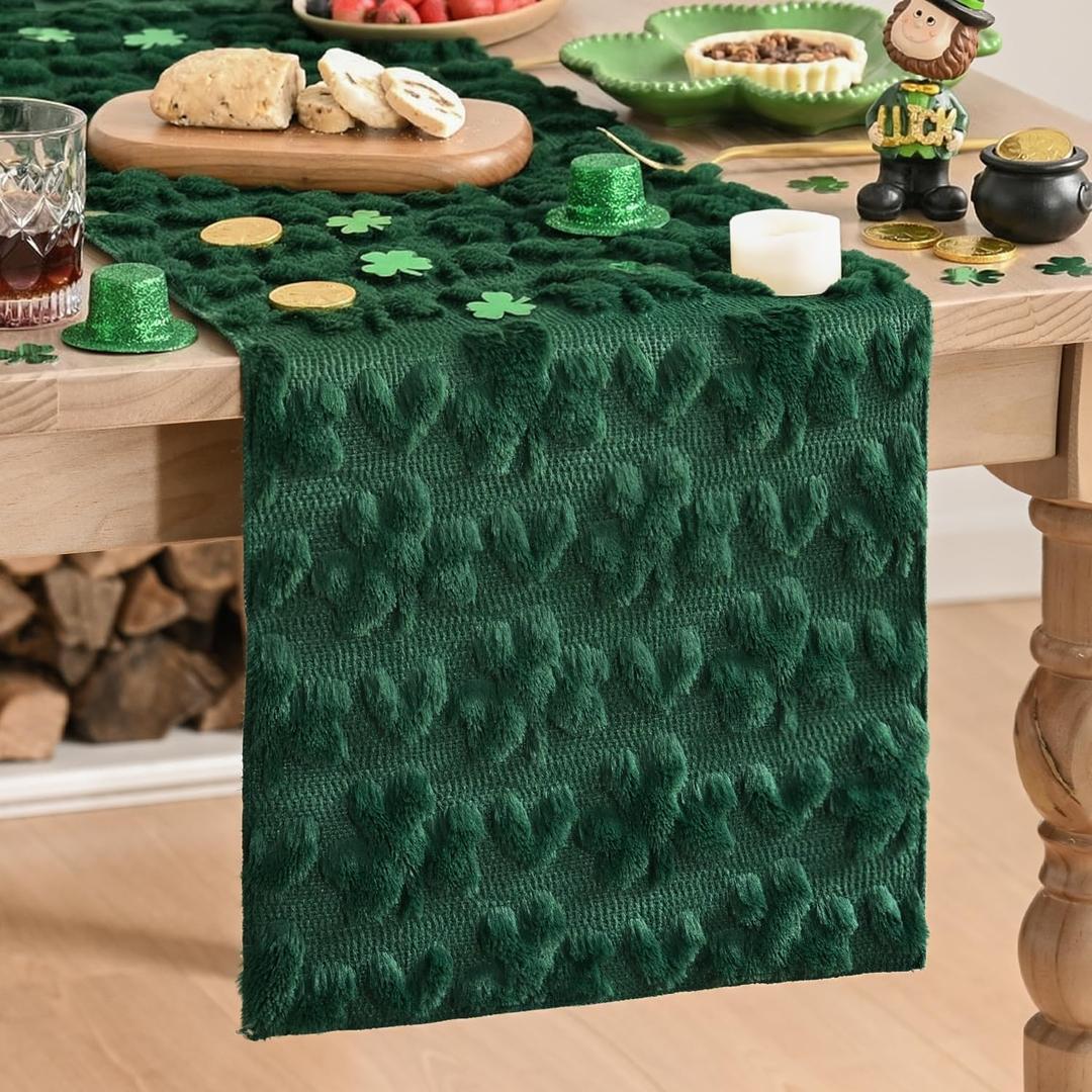 Artoid Mode Green Soft Plush Faux Fur Jacquard Heart Clover St. Patrick's Day Table Runner, Seasonal Kitchen Dining Table Decoration for Home Party Decor 13x72 Inch