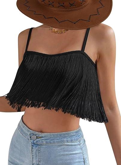 Ella Lust Womens Cowgirl Fringe Tank Top - Western Country Concert Outfit Tassel Hem Crop Cami Nashville Festival Shirt XS