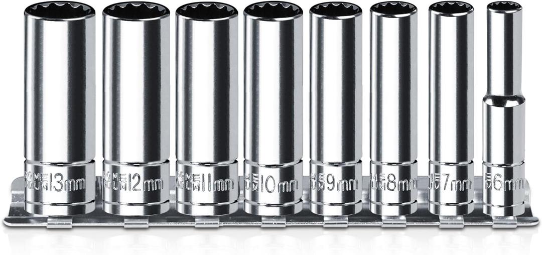 1/4 Inch Drive Socket Set - 8 Piece Metric 12-Point Deep Socket Set (6mm, 7mm, 8mm, 9mm, 10mm, 11mm, 12mm, 13mm)- Chrome Vanadium Steel with Sturdy Holder - 50BV30