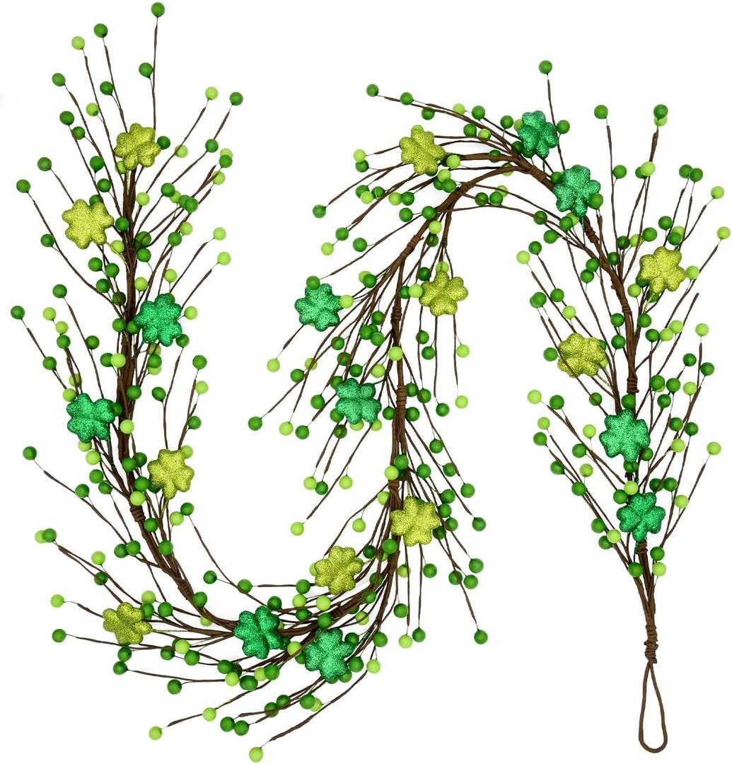 St. Patrick's Day Garland Decorations - 5.5Ft Shamrock Rag Garland with Green Berry Picks, Perfect St. Patrick's Day Decor and Party Supplies