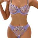 Lilosy Women Sexy Floral Embroidered Mesh Sheer Underwire Push Up Lingerie Set See Through Bra and Panty 2 Piece Flower Light Purple, X-Large