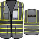 AYKRM Security Vest for Men Women 7 Pockets High Visibility Reflective Safety Vest Front Zipper Meets ANSI/ISEA (Gray, XXXL)