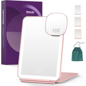 LED Foldable Travel Makeup Mirror - 5x7 inches 3 Colors Light Modes USB Rechargeable Touch Screen, Portable Tabletop Cosmetic for Travel, Cosmetic, Office (Rose Gold)