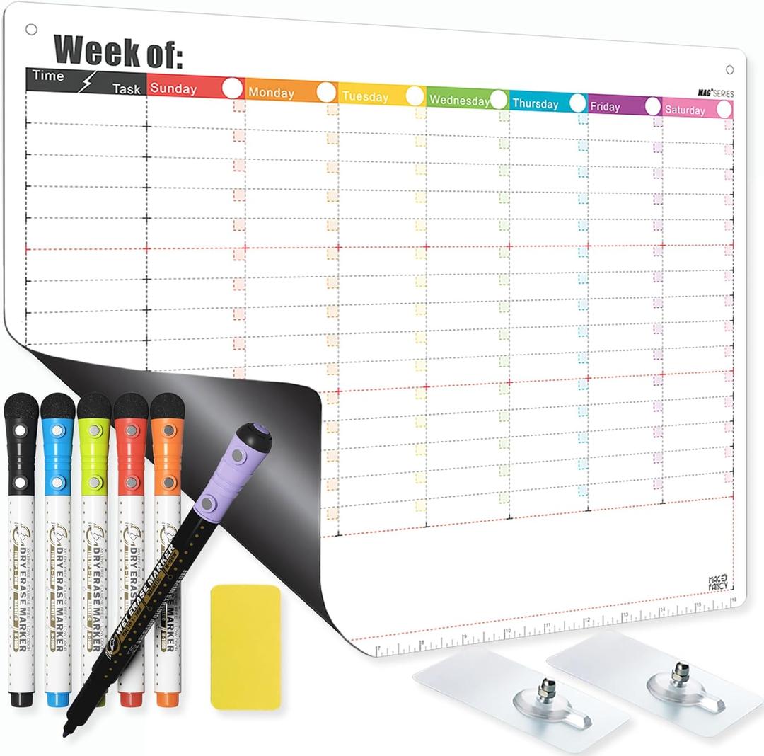 Magnetic Chore Chart for Adults & Kids Dry Erase Calendar for Refrigerator or for Wall - Weekly Whiteboard Planner Timetable to-Do List with Adhesive Hooks for Hanging 5+1 Marker Combo 1 Eraser