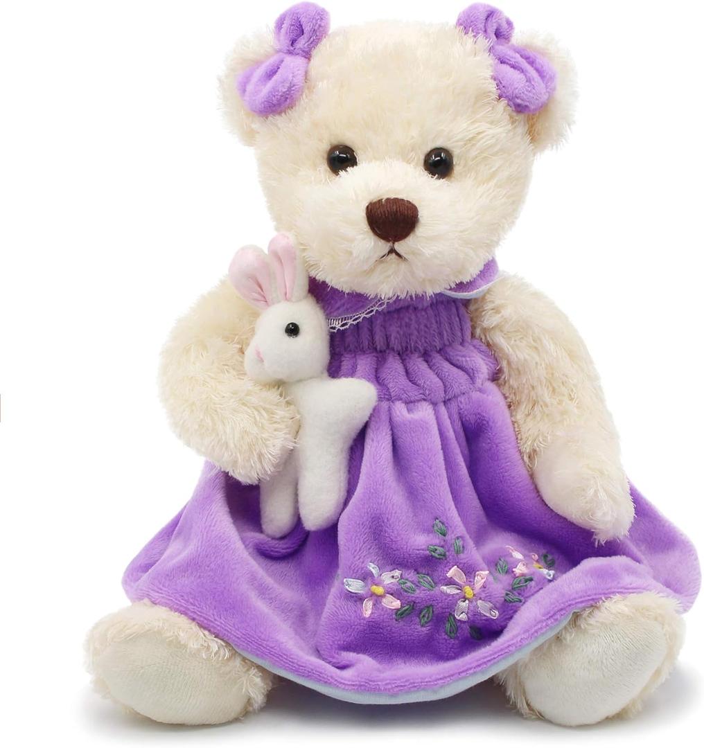 Oitscute Small Baby Teddy Bear with Cloth Cute Stuffed Animal Soft Plush Toy 10" (Purple Dress with Rabbit)