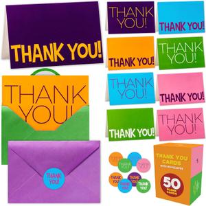 50 Pack Thank You Cards with Envelopes and Stickers, 4 x 6 Inch Blank Assorted Greeting Cards, Bulk Boxed Set for Kids, Students, Birthdays, Small Business, 10 Colorful Designs (Boys)