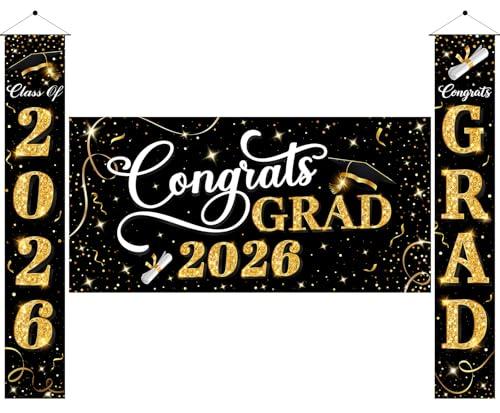 3 Pcs Graduation Decorations Class of 2026 | Hanging Porch Supplies for College Graduation Indoor/Outdoor Decor | Large Graduaiton Set: Gold & Black Congrats Grad Party Backdrop and Banner