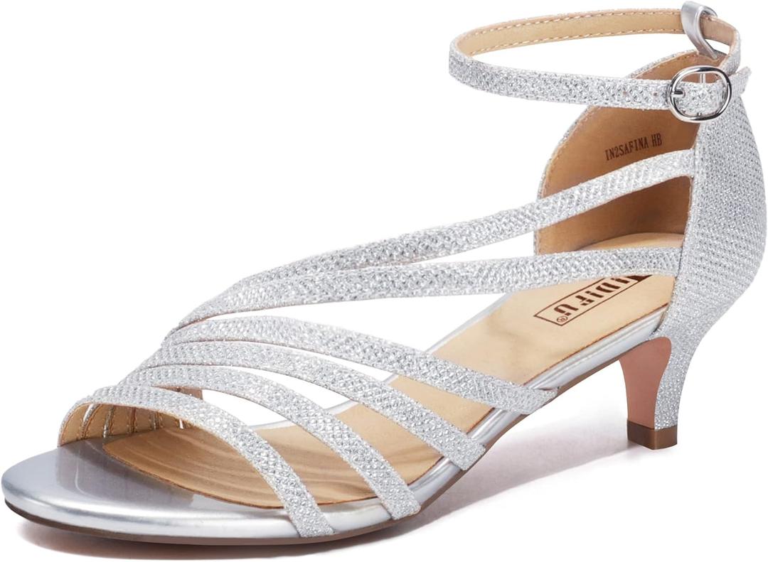 IDIFU Women's Low Kitten Strappy Sandals Heels Open Toe Ankle Strap Bridal Dress Wedding Shoes For Women  (Gold Glitter, 8 M US)