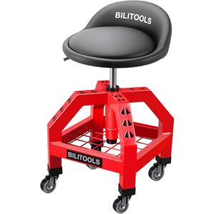BILITOOLS Rolling Shop Stool, 21.5"-29.5" Adjustable Garage Mechanic Stool, 330LBS Capacity 360Swivel Padded Seat Shop Chair with Wheels Backrest Tool Storage Shelf for Work Shop&Auto Repair GIF