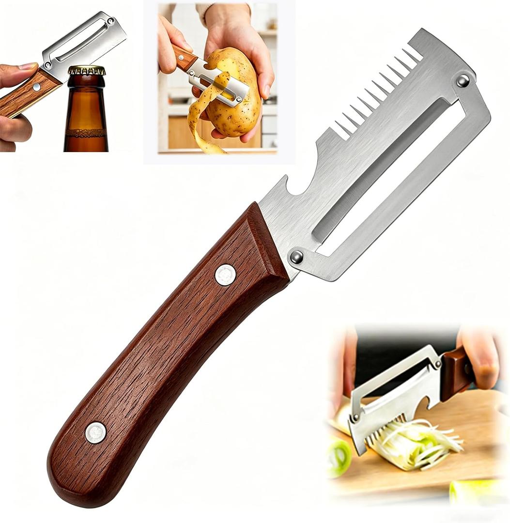 3 x Multi-Functional Vegetable Peeler for Kitchen with Wooden Handle and Bottle Opener, 3 in 1 Stainless Steel Green Onion Slicer Kitchen Tool for Fruit Potato Pumpkin Apple carrot Papaya, Non-Slip Handle