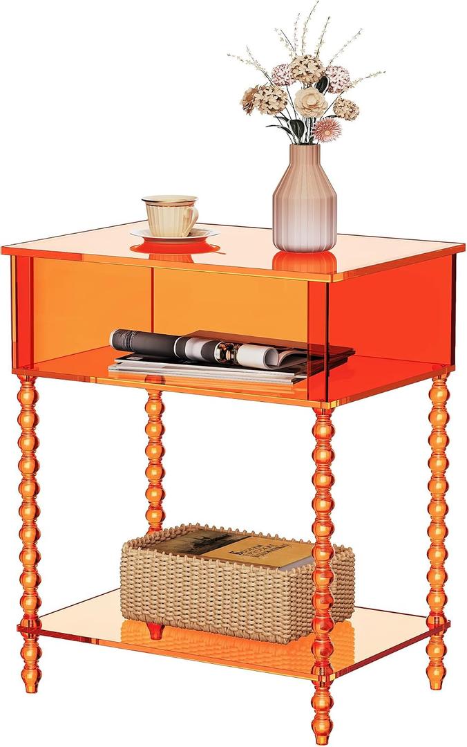 Acrylic Side Table, Clear 3-Tier End Table with Storage, Nightstand for Living Room, Bedroom, Office (Orange, Large)