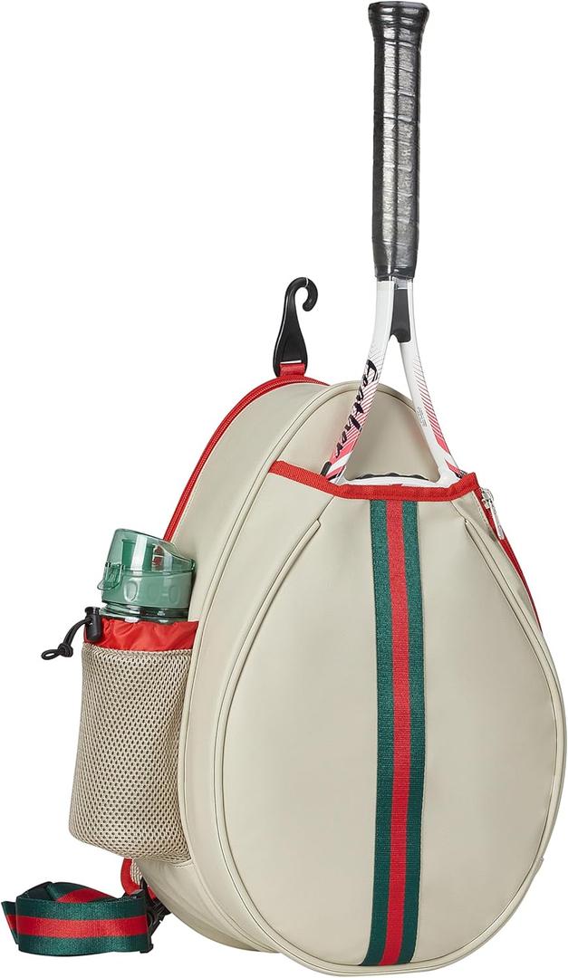 White PU One Shoulder Crossbody Tennis Backpack Girls Tennis Bag Tennis Racket Sling Bag for Women, with Water Bottle Holder (Khaki)