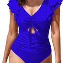 Sovoyontee Women's Ruffle One Piece Swimsuit Tummy Control Bathing Suits Drawstring Cutout V Neck Swimwear (Blue, S)