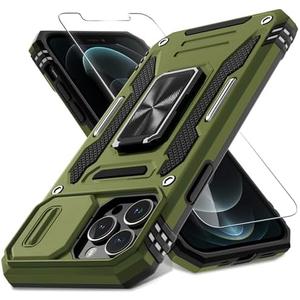 DEERLAMN Case for iPhone 12 Pro Max with Slide Camera Cover+Screen Protector(1 Pack),Rotated Ring Kickstand Military Grade Shockproof Protective Cover 6.7 Inch-Olive Green