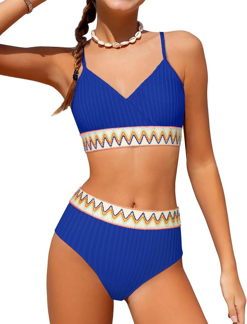 DONWEN Girls Swimsuits V Neck Bikini Set Textured High Waist Girl Two Piece Bathing Suit (11-12 Years, Blue)