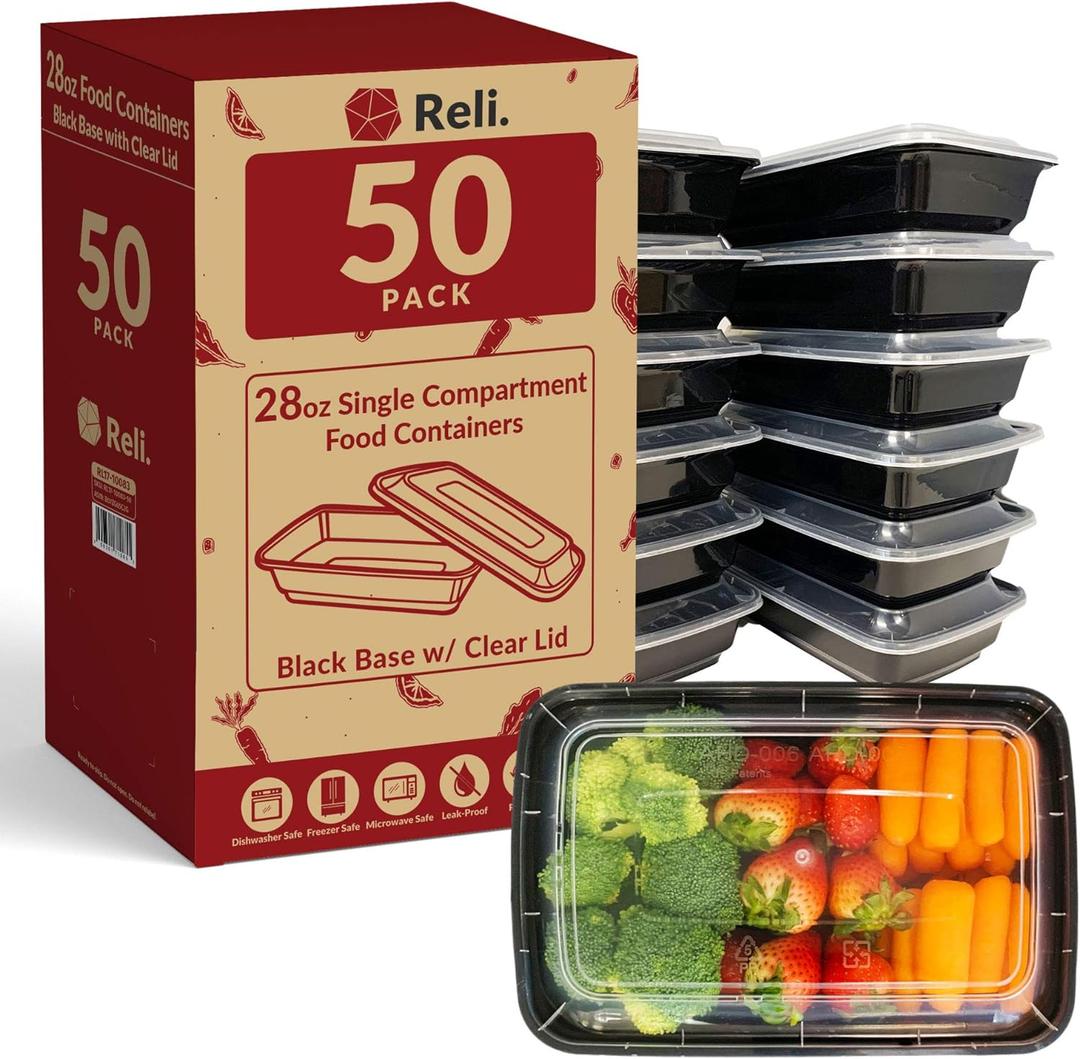 Reli. 28 oz Meal Prep Containers w/Lids - 50 Pack | Leftover To Go, Takeout | Microwave Safe | Disposable Containers for Food Storage | Take Home/Lunch/Meal Planning | Plastic | Black
