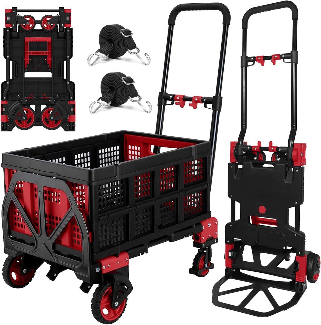 2 in 1 Hand Truck Dolly with Folding Basket,Folding Hand Truck Heavy Duty 330lbs Capacity,Foldable Hand Trcuk with Retractable Handle and Rubber Wheels,Portable Dolly with Bungee Cords for Moving