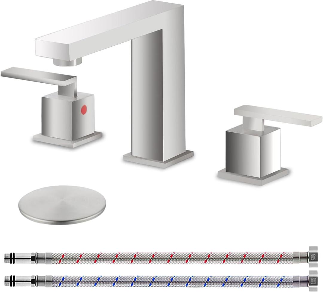 KINGO HOME 3 Hole Brushed Nickel Bathroom Faucet, 8 Inch 2 Handle Modern Widespread Bathroom Sink Faucet, Vanity Basin Sink Faucet with Supply Hoses and Pop-Up Drain Stopper KH-AH129L-v1