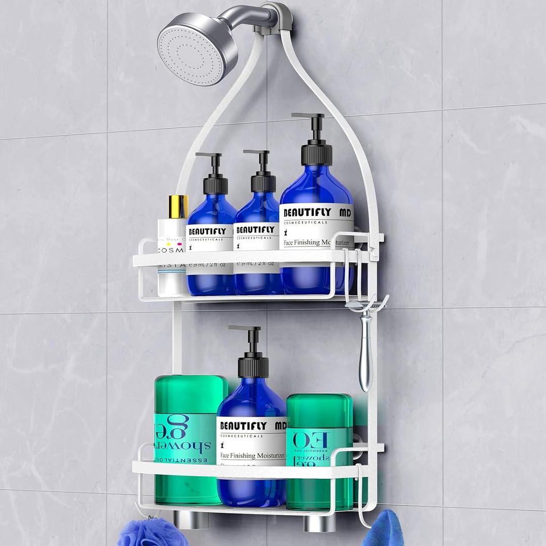 MeanGood Shower Caddy Over Shower Head, White Anti-Swing Hanging Shower Caddy with 4 Remove Hooks for Razor, Sponge, Towels Rustproof Shower Organizer for Bathroom