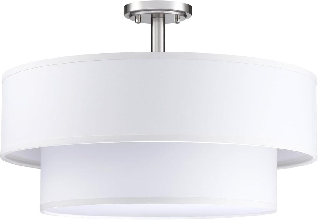 4 Light Off White Double Drum Fabric Shade Semi Flush Mount Ceiling Light,Close to Ceiling Light Fixture Brushed Nickel Finish,18 inch Semi Flush Drum Light for Bedroom,Living Room,Dining Room Hallway